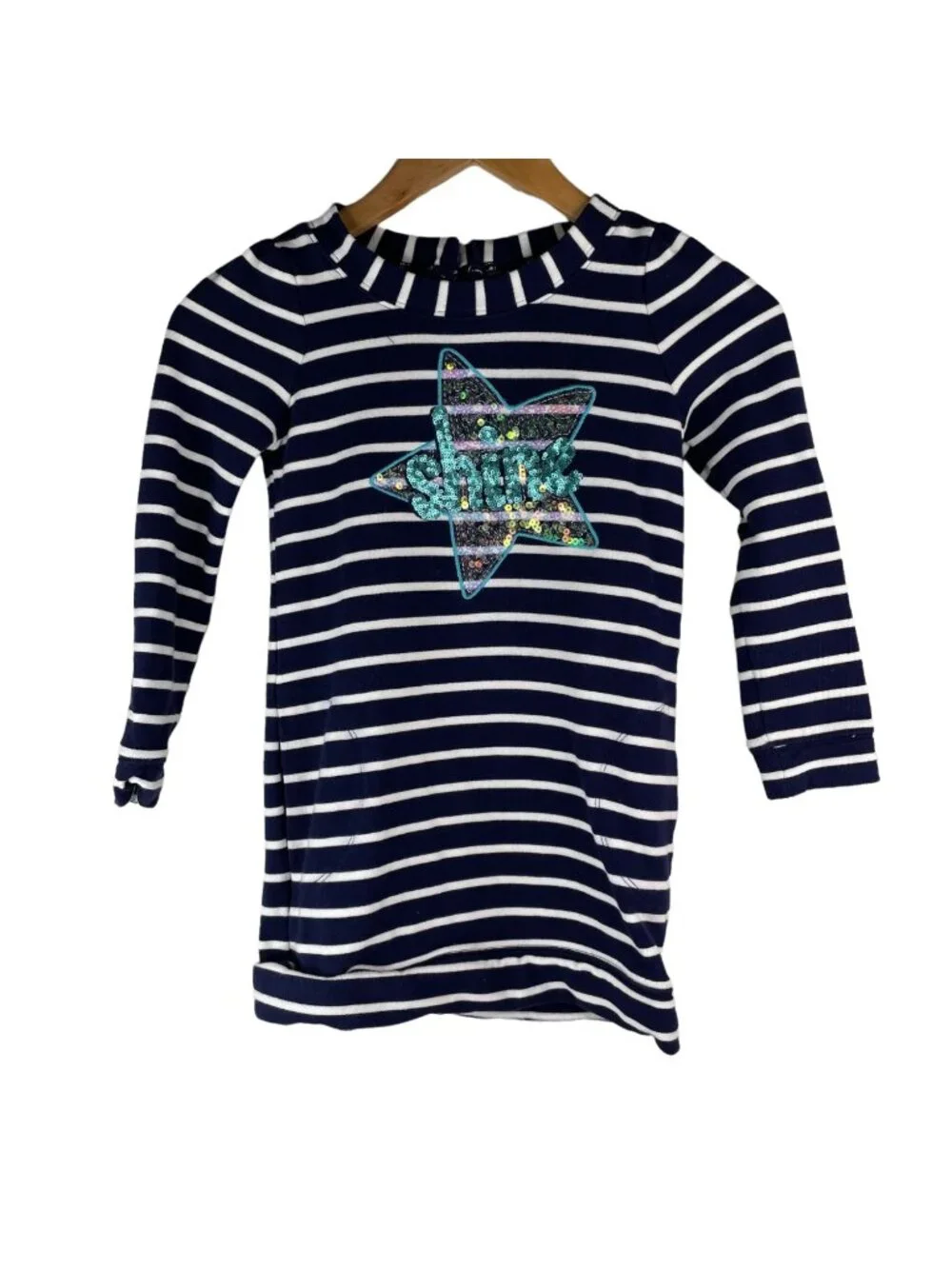 Gymboree Dress Girls Size 7 Striped Star Shine Glitter Sequins Navy Blue White